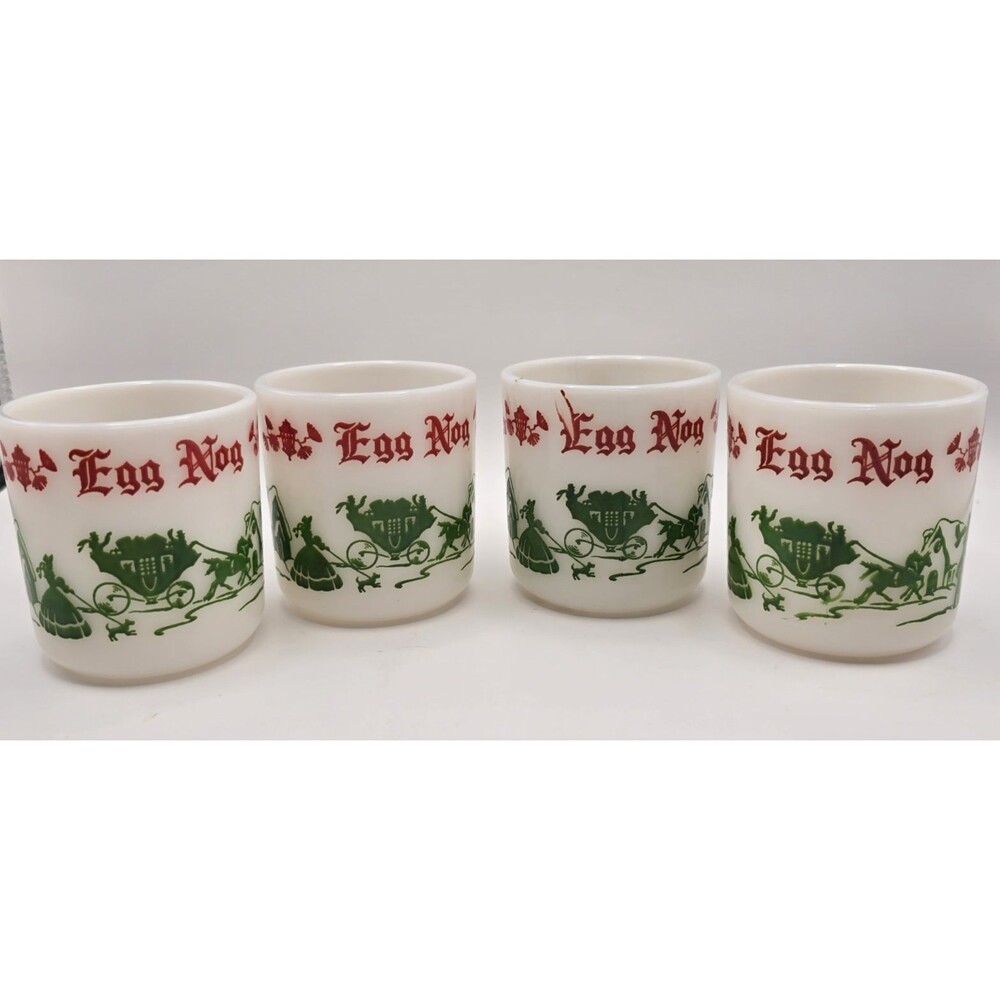 Hazel Atlas - Egg Nog Milk Glass Mugs - Vintage Christmas - Set of 4